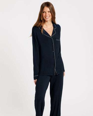 Modal Button Up Long Pyjama Set - Navy